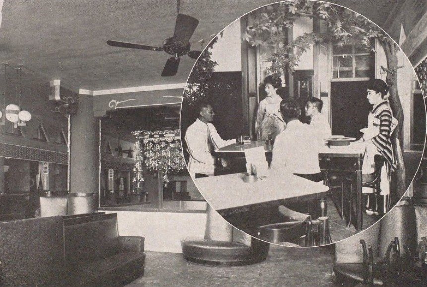 Pagină din albumul fotografic „Marele Tōkyō” (Dai-Tōkyō shashinchō, 1930): în cerc, cafeneaua Tiger din Ginza, iar în stânga, interiorul cafenelei Kur