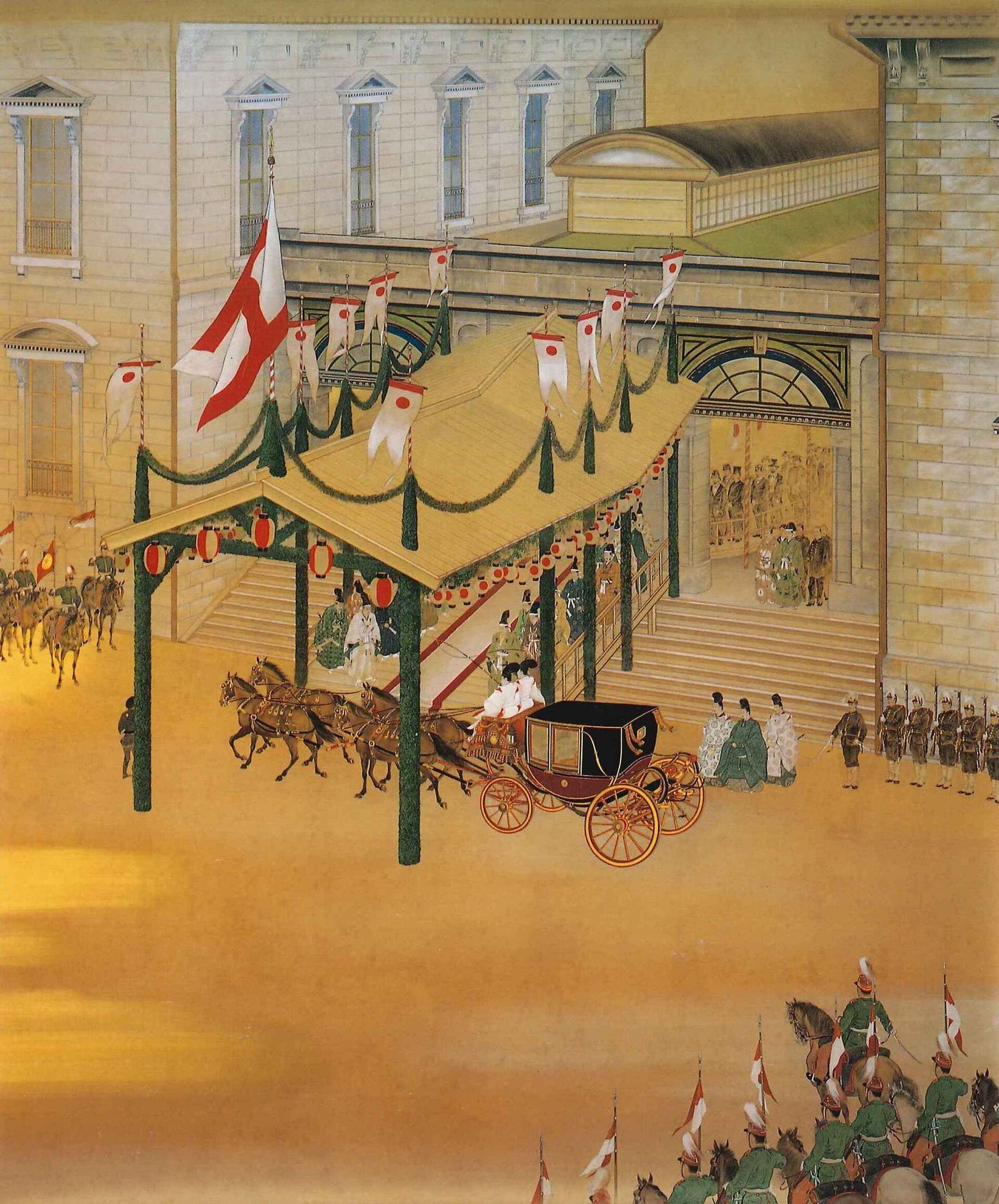 Tablou din Galeria memorială Meiji din Tōkyō, pictat de Ōmura Taiun în 1935: inaugurarea, la 14 octombrie 1872, a primei căi ferate japoneze, între Sh